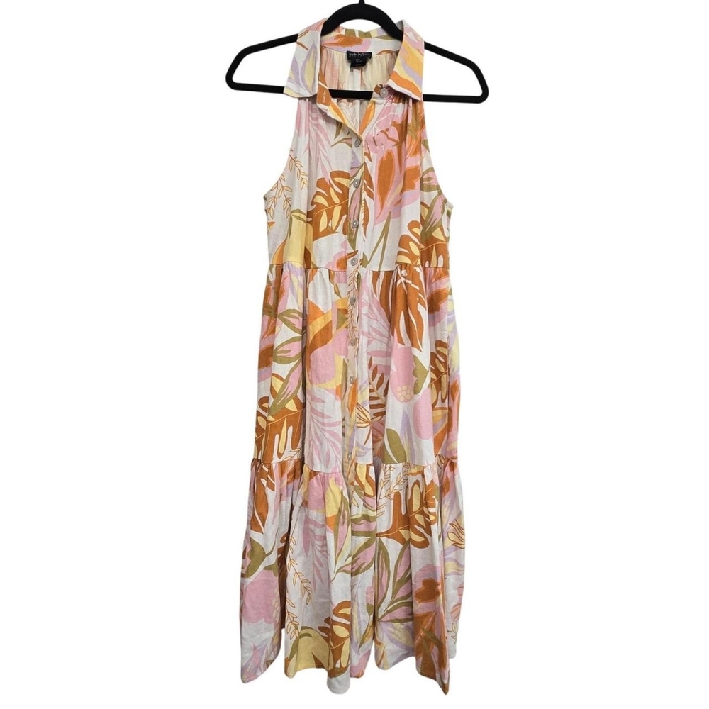 Nicole Miller Women's Cream and Orange Linen Blend Floral Print Sleeveless Dress